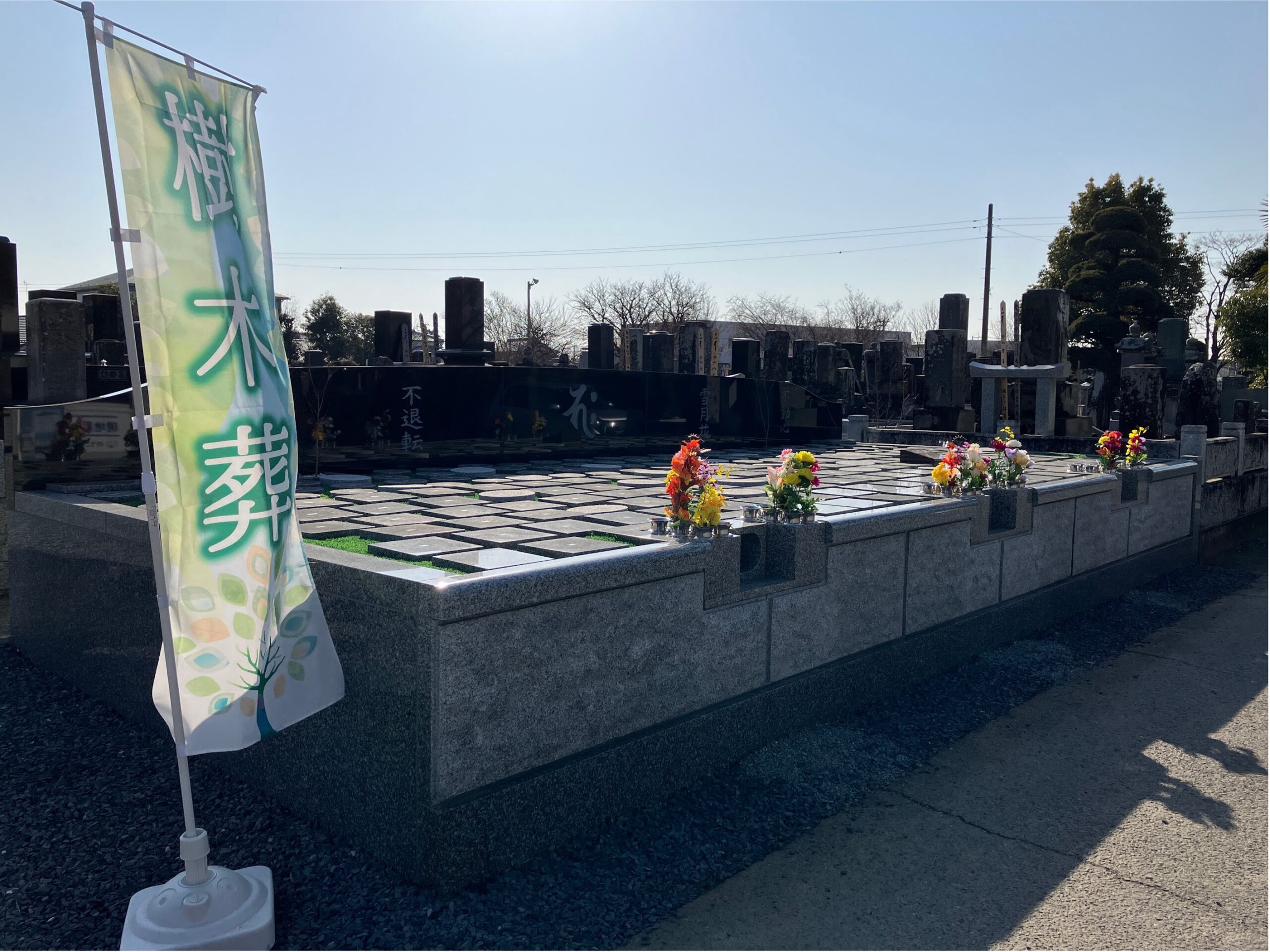 樹木葬は駐車場からすぐの立地になります。 段差のないフラットな敷地ですので 参拝がしやすくなっています。